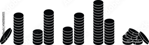 A black and white illustration of various stacks of coins with different heights and piles