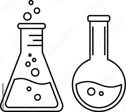 Two science laboratory flasks with bubbling liquid and measurement lines