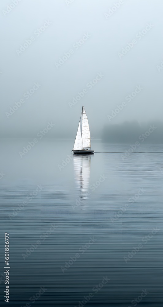 Obraz premium Solitary Sailboat Journey Across Misty Waterscape Stillness