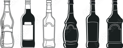 Six distinct bottles presented in a graphic lineup, featuring both solid black silhouettes and crisp line art designs.