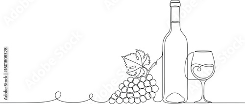 Minimalist continuous line art of wine bottle, glass, and grapes with a vine leaf.