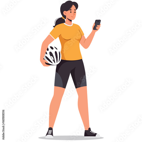 Active Young Woman in Cycling Attire Engaged with Smartphone, Holding Helmet, Symbolizing Healthy Lifestyle, Digital Connectivity, and Fitness Preparation.