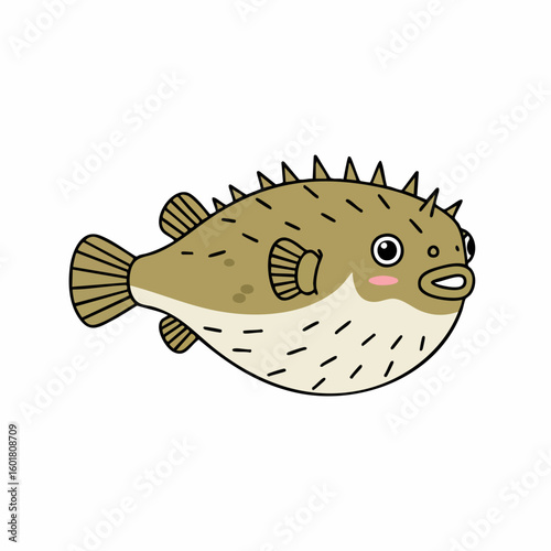 Cartoon Pufferfish with Spikes and Spots, Tan and Cream Coloration