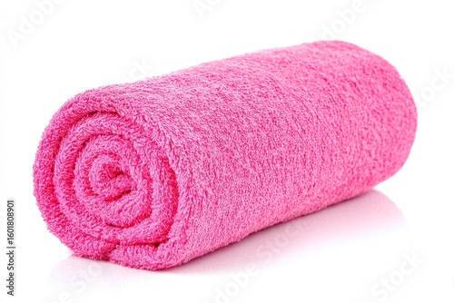A pink rolled towel on a reflective white surface
