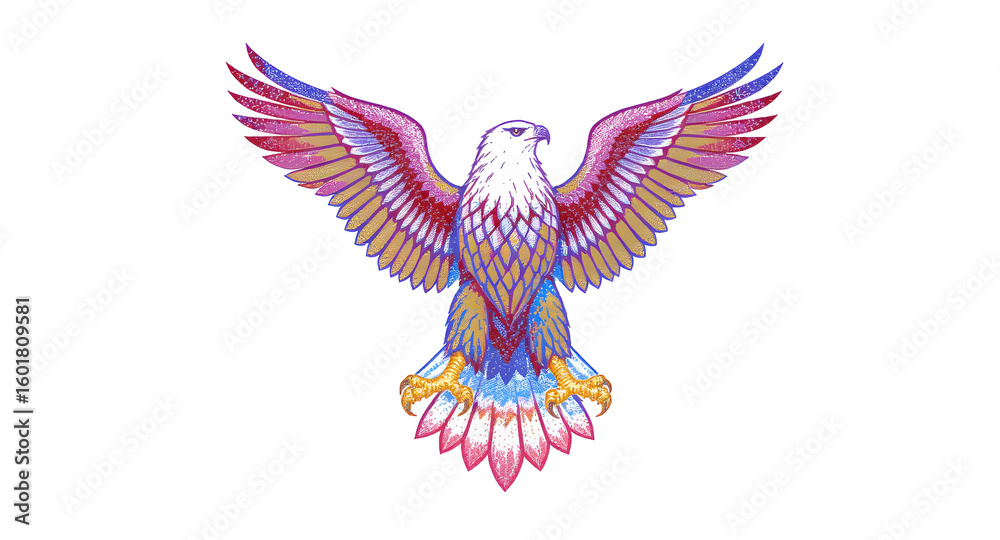 Fototapeta premium Digital Graphic Illustration of Pixelated Eagle with Open Wings in Vibrant Colors on Transparent Backdrop