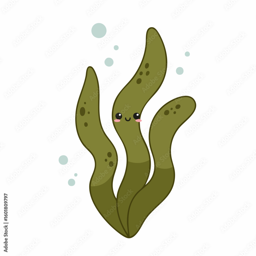 Obraz premium Adorable Cartoon Seaweed with Happy Face and Bubbles