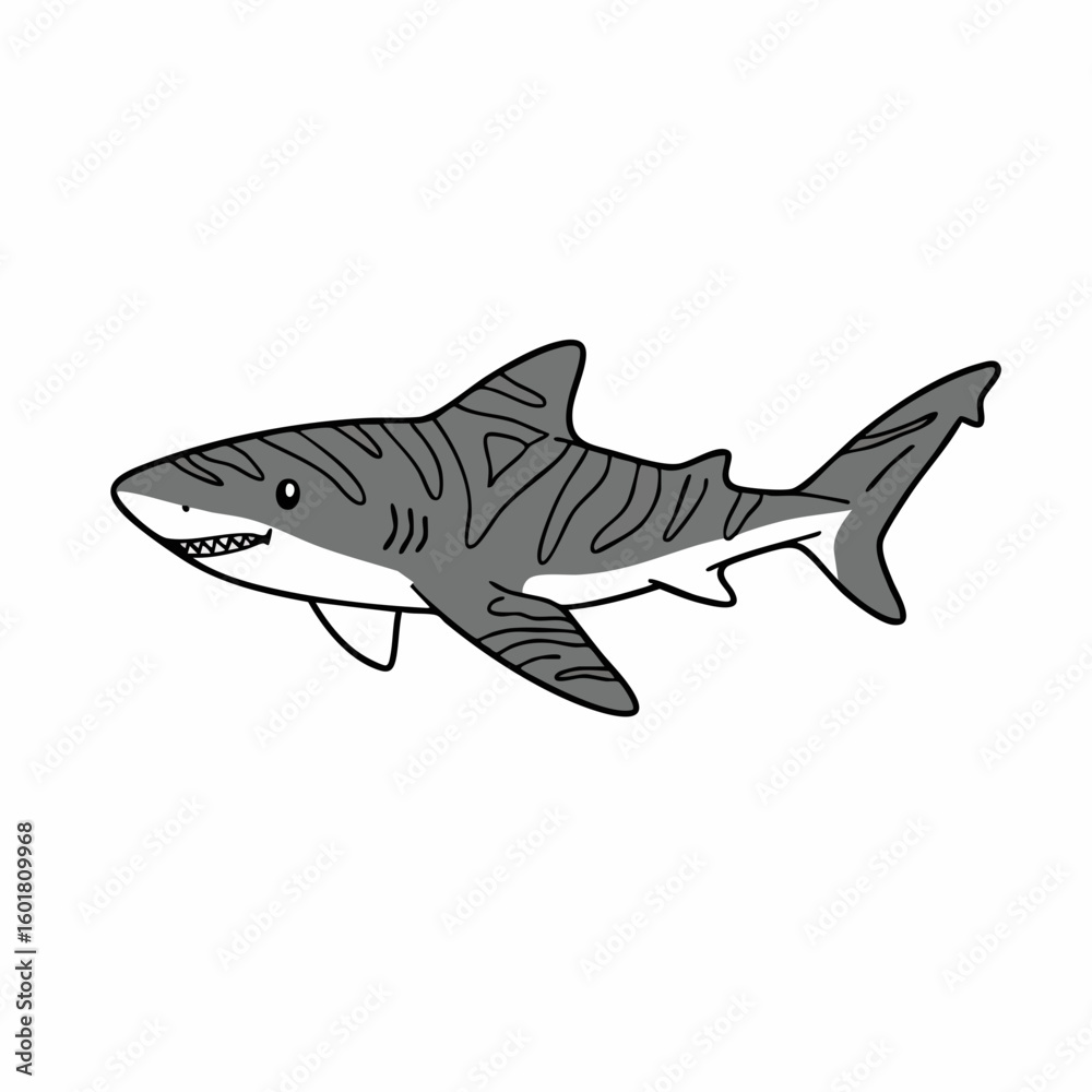 Obraz premium Cartoon Tiger Shark Illustration Grey Stripes Ocean Predator