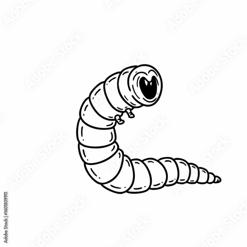 Cartoonish larva with a gaping mouth and segmented body in black outline
