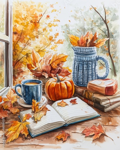 watercolor back to school autumn leaves theme with classroom scene decorated with cozy sweaters, mugs, and foliage 