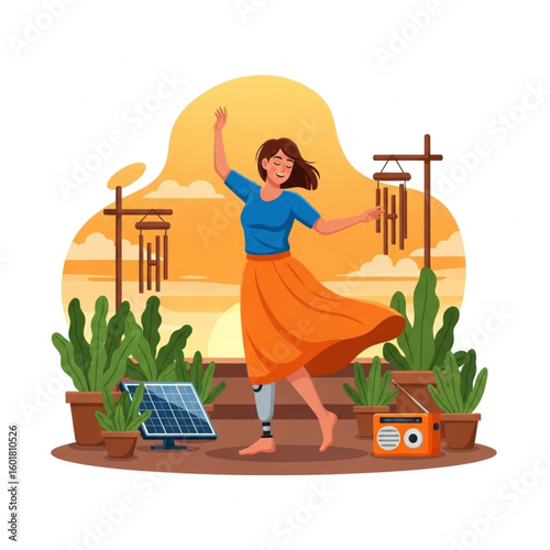 Dancing Woman with Prosthetic Leg on Rooftop Inclusive Flat Vector

