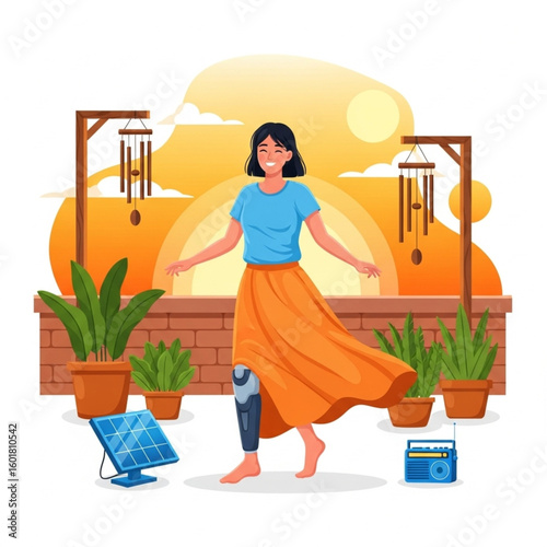 Dancing Woman with Prosthetic Leg on Rooftop Inclusive Flat Vector

