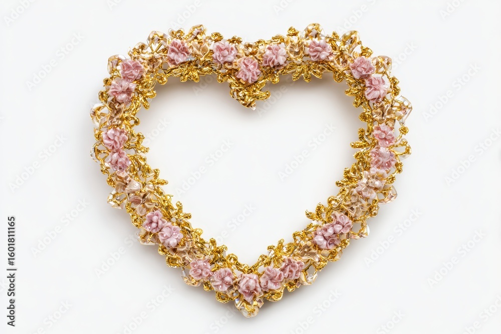 Obraz premium Beaded heart ornament with pink roses on white background, delicate & sparkly