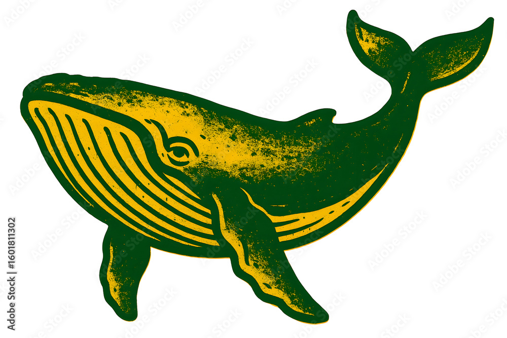 Fototapeta premium Distressed Green and Yellow Whale Illustration on Transparent Background Maritime Theme