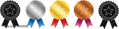 Collection of five award ribbons featuring stars in gold, silver, bronze, and black silhouettes.