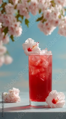 a vibrant hibiscus-infused drink, perfectly complemented by delicate blooms, offers a refreshing sensory experience, evoking feelings of spring