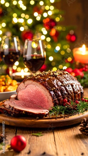 Roasted Christmas ham on wooden board