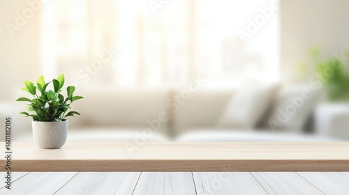 Wooden tabletop with plant in living room