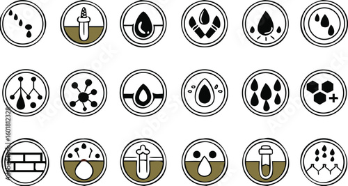 Black Labels for Cosmetic Products Packaging. Skin Care. Vector Icons Acid, Serum, Retinol, Hydration, Clean Water, Cell Regeneration, Nourishing Cream, Cleansing Gel, Acne Care, and More