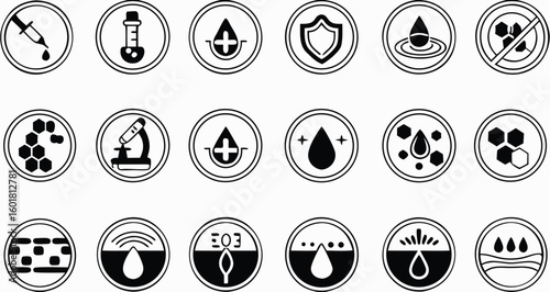 Black Labels for Cosmetic Products Packaging. Skin Care. Vector Icons Acid, Serum, Retinol, Hydration, Clean Water, Cell Regeneration, Nourishing Cream, Cleansing Gel, Acne Care, and More