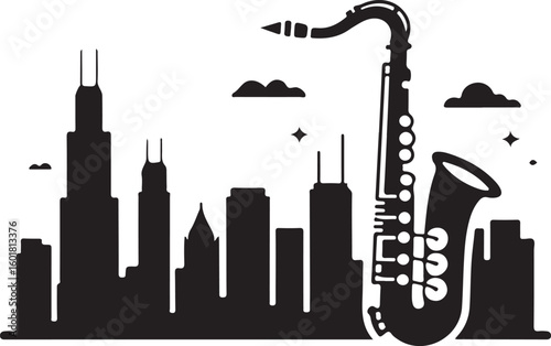 A silhouette of a saxophone stands against a cityscape background, Transparent png vector