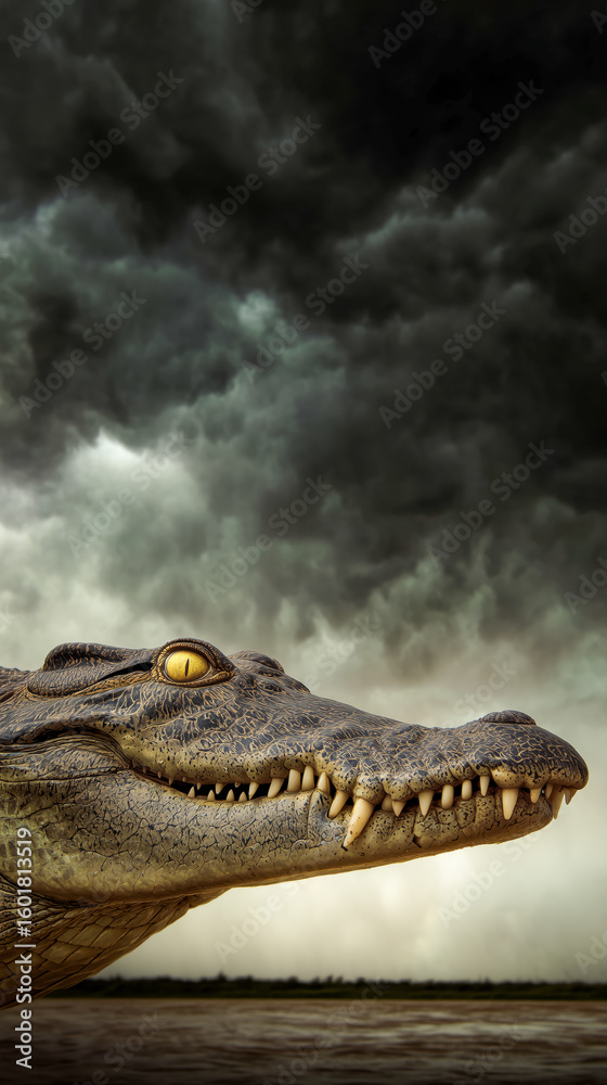 Obraz premium A dramatic close-up portrait of a crocodile under a stormy sky, phone wallpaper