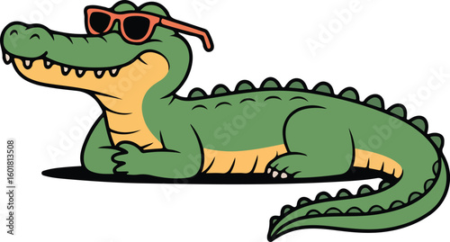 A cool alligator is resting and wearing sunglasses Transparent png vector