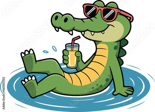 A cartoon alligator chilling in water and drinking juice Transparent png vector