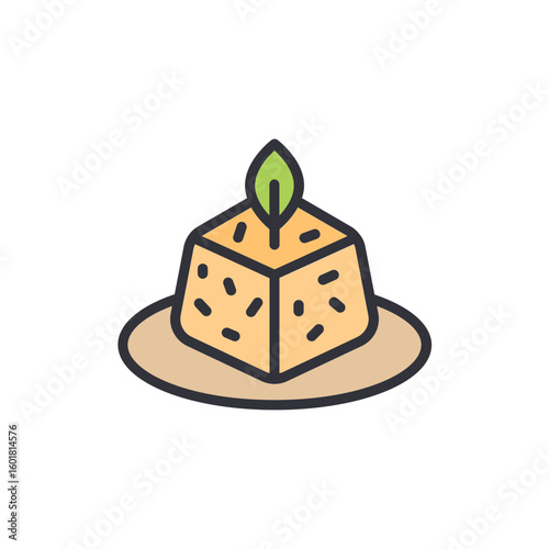 Delicious Cubical Dessert With Leaf Topping On An Earthenware Plate