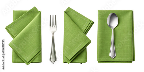 Green Linen Napkin with Fork and Spoon Isolated on Transparent Background
Collection of Table Setting Elements – Green Napkin, Fork, and Spoon with Clipping Path