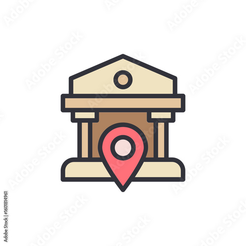 Depiction Of A Classical Building With A Distinct Location Marker