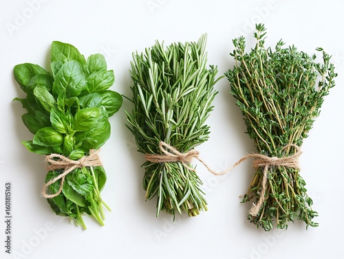 Bunch of basil, rosemary, and thyme on white background