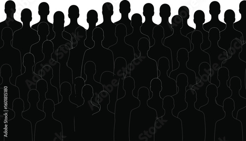 Silhouette of a large group of people standing together in a black and white image