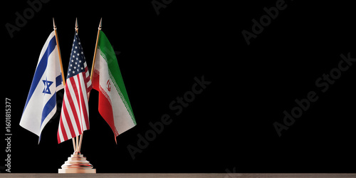 Geopolitical Tension And Diplomacy Concept. Israel, USA, And Iran Flags On Golden Stand. 3d Rendering