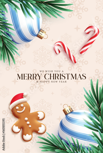 Merry Christmas greeting card clipart poster design. Merry Christmas and happy new year greeting text clip art with blue xmas ball, fir leaves, candy cane and ginger bread decoration elements border 