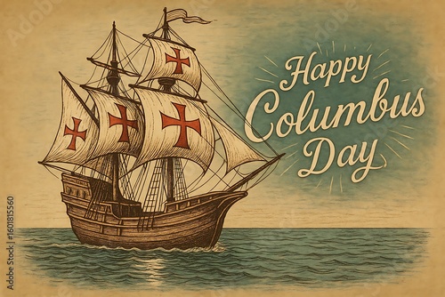 Vintage illustration of a sailing ship with happy columbus day text