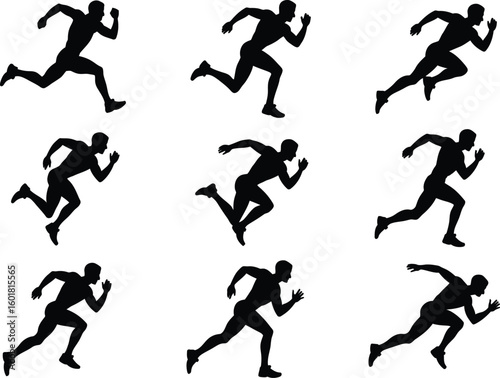 A grid of nine black silhouette illustrations of a man running against a white background