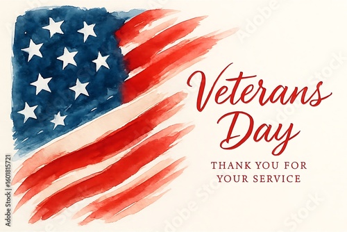 Watercolor american flag with veterans day greeting and thank you message