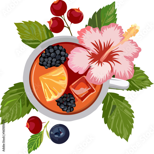 Refreshing beverage with vibrant garnishes and a captivating view from above