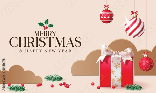 Merry Christmas greeting clipart banner. Merry Christmas and happy new year card template simple background design clip art with paper cut, red hanging xmas ball, gift box, holly berries and fir leave
