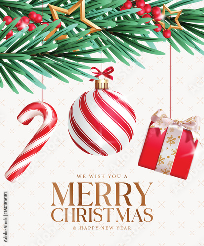 Merry Christmas greeting card clipart poster design. Wishing merry Christmas and happy new year text clip art with decoration elements like garland, hanging candy cane, xmas ball and gift box December