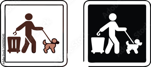 Please Clean Up After Your Dog Poop Signs. Black and White Vector Icons. Warning Sign. Man Throwing Bag Of Dog Feces Into Trash Can