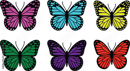 Six colorful butterflies with black outlines arranged in a grid on a white background