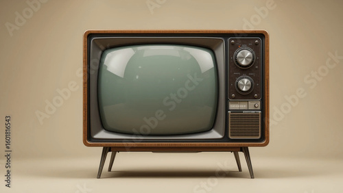 Vintage Television Set on Beige Background. Retro Mid-Century Modern TV. Classic Old-Fashioned Television. Nostalgic Wooden TV Receiver. Isolated Retro Television Object