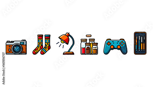 Illustration of camera socks lamp jars controller and pens for art design and creative projects use cases