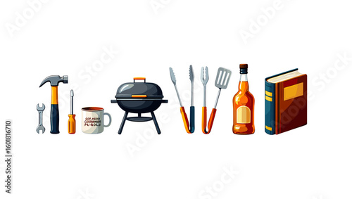 Handyman tools barbecue grill and book vector illustration for diy projects cooking and reading enthusiasts