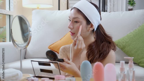Beauty happy young asian woman applying makeup with brush looking mirror in living room at home, beautiful woman applying make-up with cosmetic on facial for glamour and elegant, make up and cosmetic.