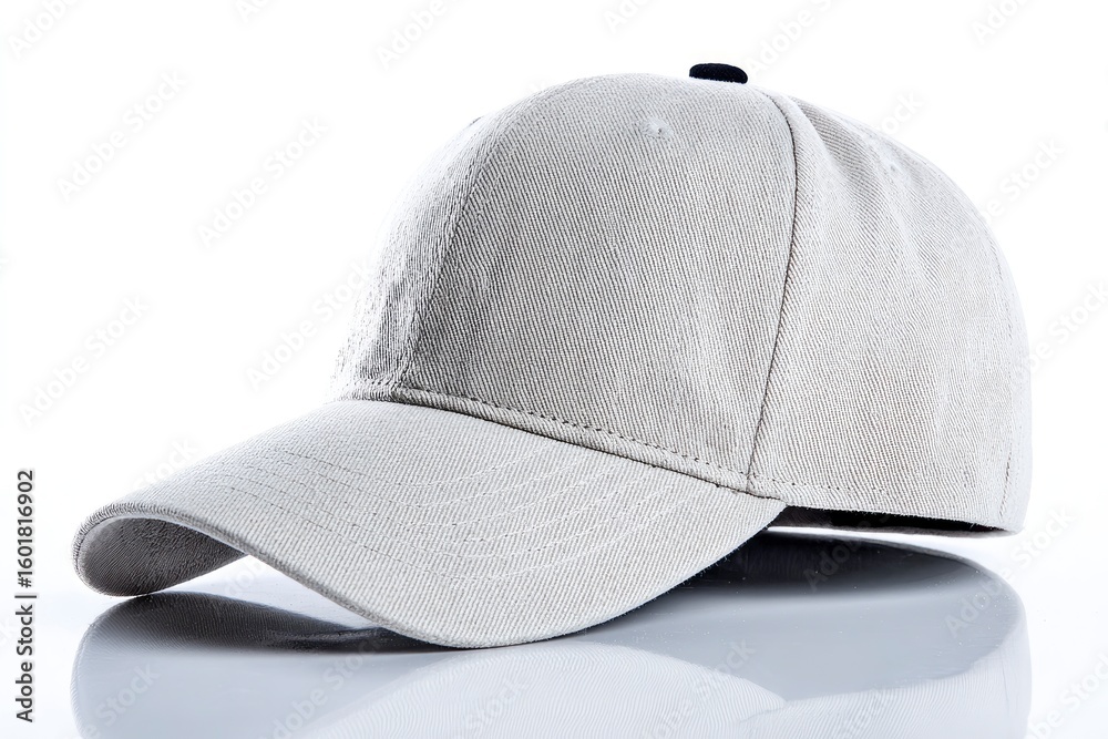 Fototapeta premium A gray baseball cap rests on a reflective surface with a white background showcasing its curved brim and design