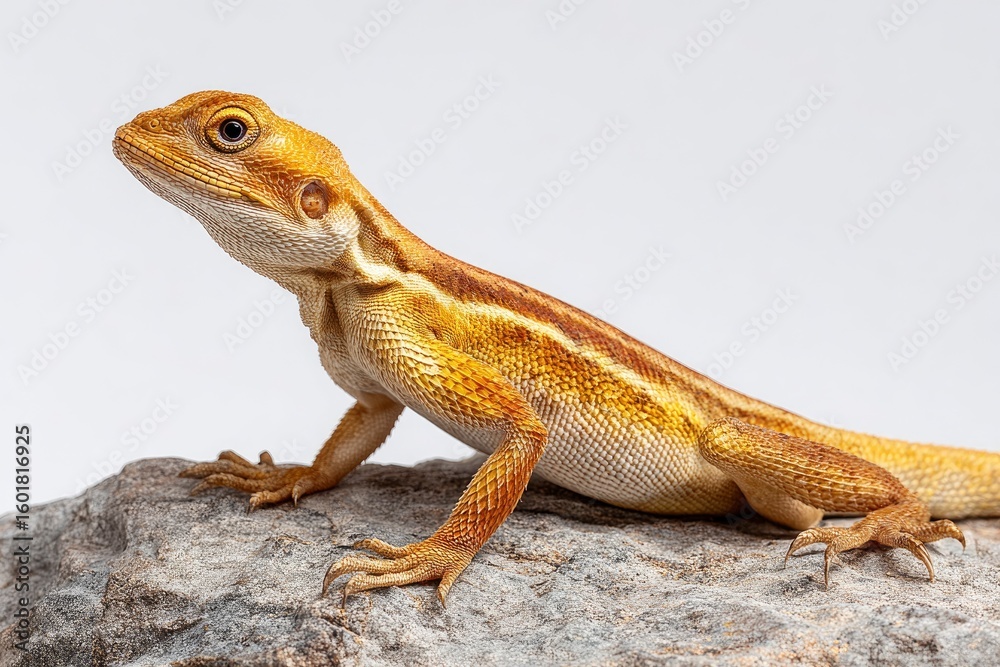 Fototapeta premium A lizard rests on a gray rock its golden scales glistening under the light against a bright background