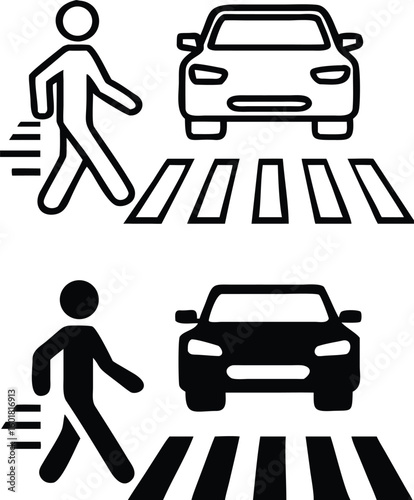 Crosswalk Icons. Black and White Vector Icons. Pedestrian Walking on Crosswalk Past Parked Car. Road Traffic Rules. Road Concept
