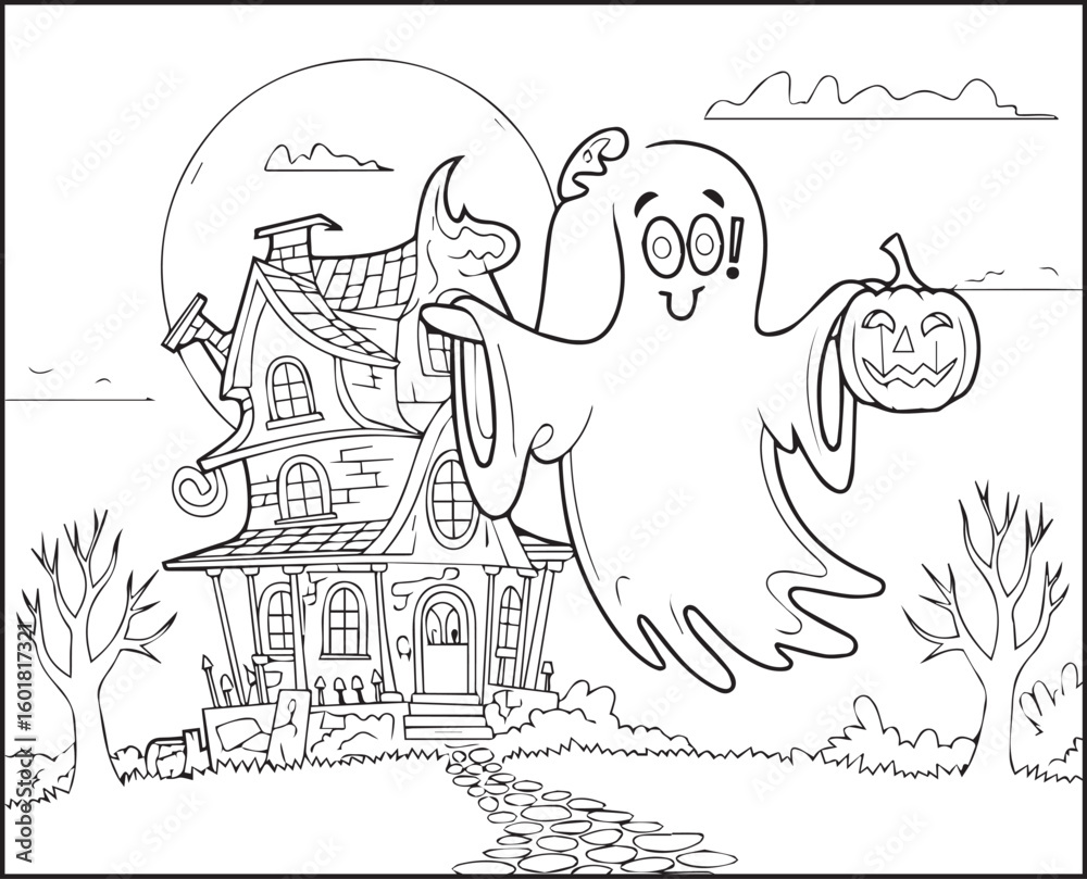 Naklejka premium Halloween coloring page with spooky elements and hand-drawn doodle vector outline illustration